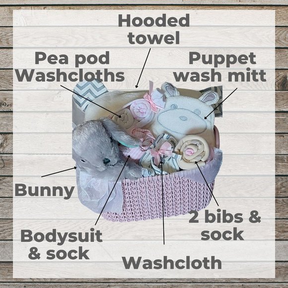 🧸Gorgeous Baby Shower Gift Basket In Canada, Pink  & Grey Baby Gift for Girl - Picture 5 of 7